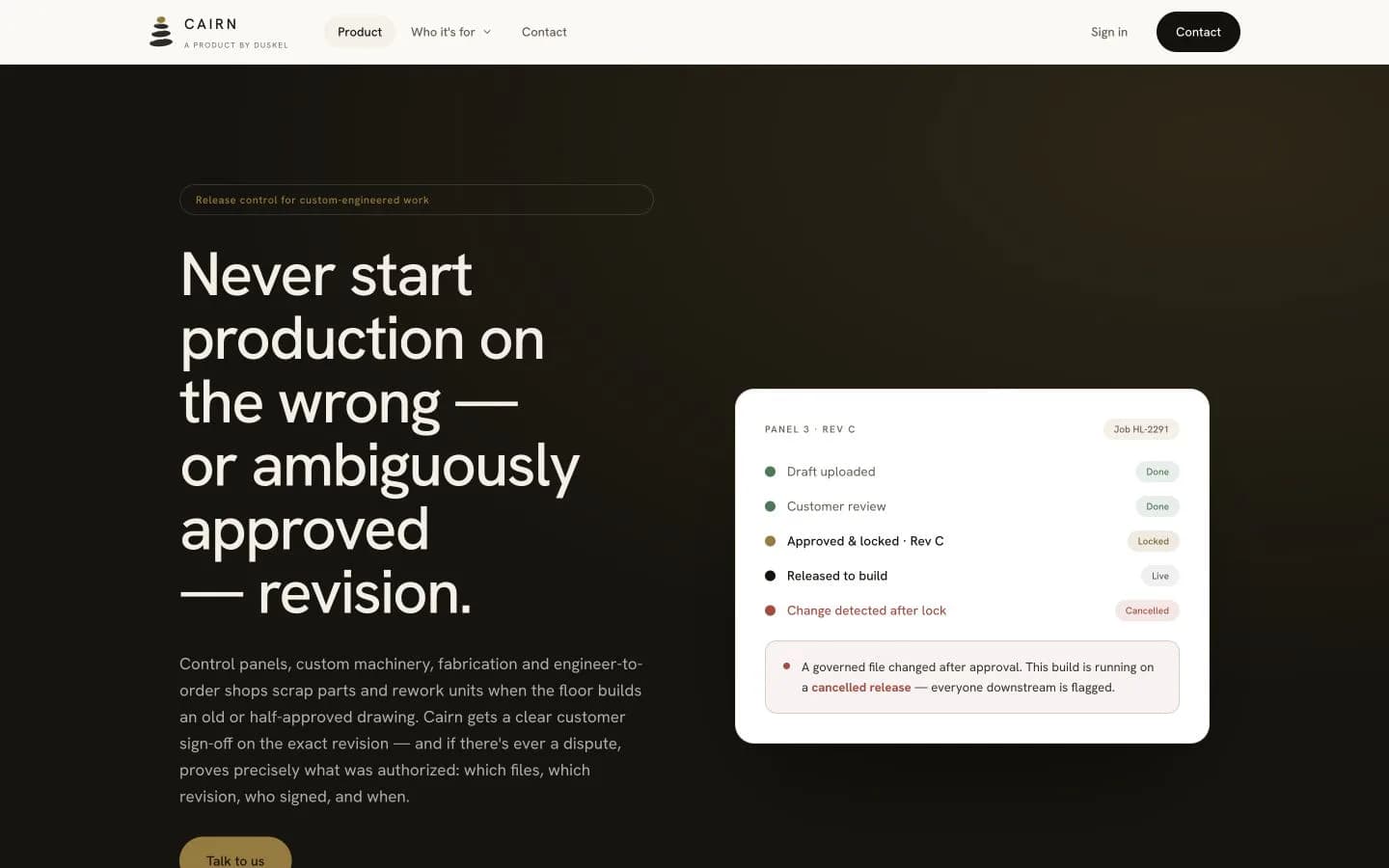 Cairn public homepage showing its manufacturing release-control product