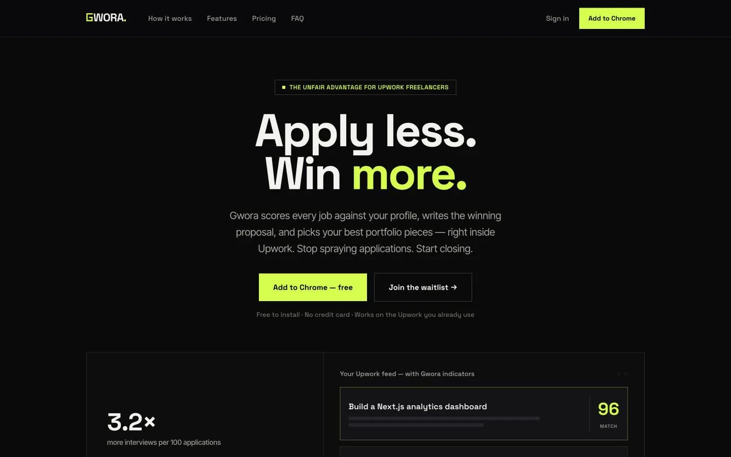 Gwora public homepage showing its Upwork proposal product