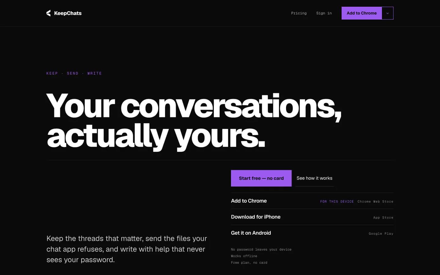 KeepChats public homepage showing its conversations product