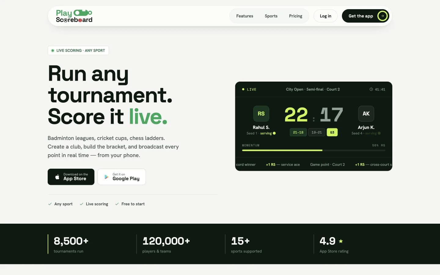 PlayScoreboard public homepage showing its live tournament scoring product