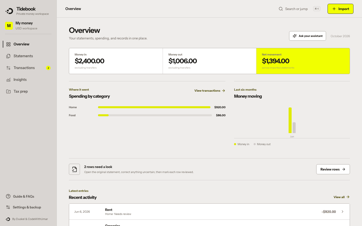 Tidebook desktop overview using illustrative sample transactions