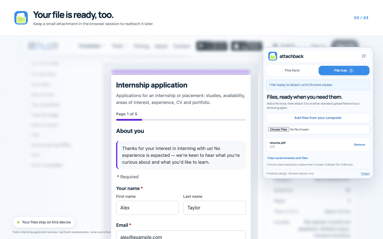 AttachBack file tray holds a small file for reattachment in the current browser session