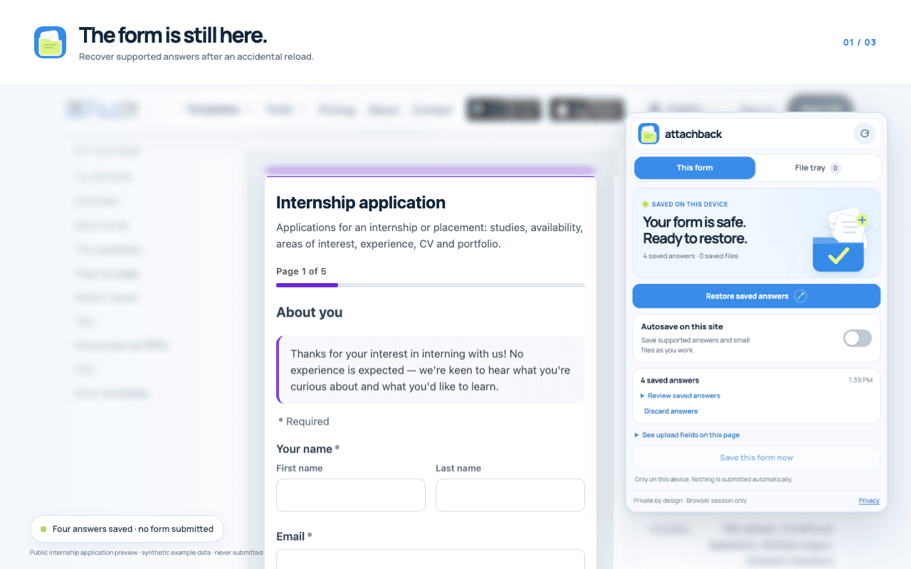AttachBack shows four saved answers beside an internship application after a reload