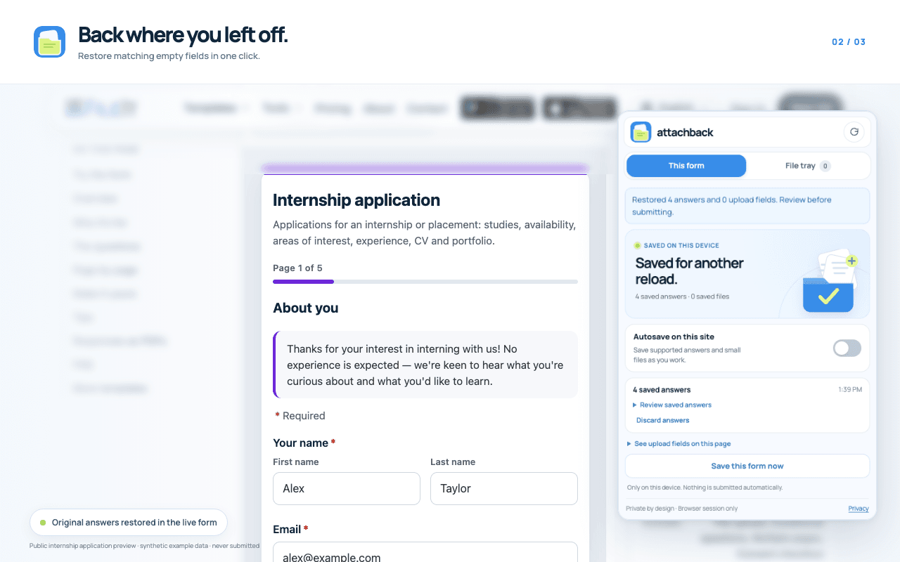 AttachBack restores matching empty name and email fields in an internship application
